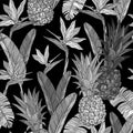 Seamless monochrome pattern with pineapple bird of paradise flowers Royalty Free Stock Photo