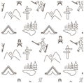 Seamless monochrome pattern with tourist, forest, lake, mountain, hills, tent background for trekking and hiking