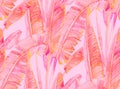 Seamless monochrome pattern with watercolor banana palms in light red hues
