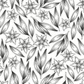 Seamless monochrome vector pattern with hand drawn flowers, branches and leaves isolated on white background. Botanical design for Royalty Free Stock Photo