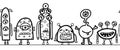 Seamless monster border vector. Repeating cute aliens and monsters horizontal repeating pattern black on white. Monochrome kids