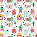 Seamless monsters pattern. Kids trendy cartoon characters, funny comic strange creatures, repeated colored cute aliens