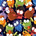 Seamless monsters vector pattern on black background