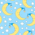 Seamless moon and star pattern vector illustration. Cute baby wallpaper for nursery or clothes. Good night background