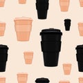 Seamless morning coffee hot drink cup tea to go illustration. background pattern in vector