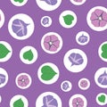 Seamless morning glory pattern on white circles and purple background