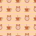 Seamless morning pattern with alarm clocks and cups