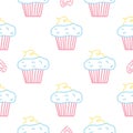 Seamless morning vector pattern. Sketch graphic text illustation. Muffin icon