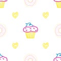 Seamless morning vector pattern. Sketch graphic text illustation. Muffin icon