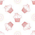 Seamless morning vector pattern. Sketch graphic text illustation. Muffin icon. Donut