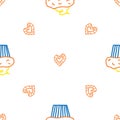 Seamless morning vector pattern. Sketch graphic text illustation. Muffin icon. Hearts