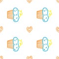 Seamless morning vector pattern. Sketch graphic text illustation. Muffin icon. Hearts