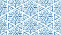 Seamless moroccan pattern. Hexagons vintage tile. Blue and white watercolor ornament painted with paint on paper. Handmade. Print