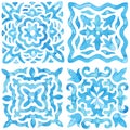 Seamless moroccan pattern. Square vintage tile. Blue and white watercolor ornament painted with paint on paper. Handmade. Print