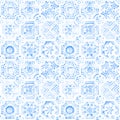 Seamless moroccan pattern. Square vintage tile. Blue and white watercolor ornament painted with paint on paper. Handmade. Print