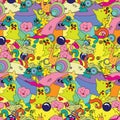 Seamless multicolored pattern with cute monster cases. Royalty Free Stock Photo