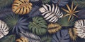 Seamless multicolored pattern with exotic tropical plants, monstera leaves and palm trees, Exotic botany composition in trendy
