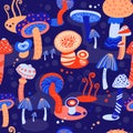 Seamless mushroom pattern for design. Decorative stylized minimalistic plants in bright neon colors. Background with