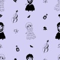 Seamless mysterious pattern with gothic dancing girl wednesday on purple background. Vector illustration in doodle style Royalty Free Stock Photo