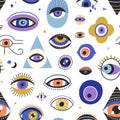 Seamless mystic pattern with evil eyes in doodle style. Endless repeating texture with different esoteric eyeballs