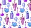 Seamless mystic pattern with various magical potions, poisons and antidotes with stars and crescents. Alchemy and Potion Making.