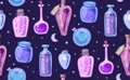 Seamless mystic pattern with various magical potions, poisons and antidotes with stars and crescents on dark violet background.