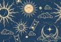 Seamless mystic space pattern with sun, moon and stars, cosmos background in tarot style, astrology magic sky, abstract esoteric