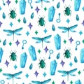 Seamless mystical magic pattern with watercolor elements isolated on white background: crystals, beetles, keys, stars, dragonflies