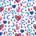 Seamless mystical magic pattern with watercolor elements isolated on white background: hearts, crystals, moons, keys, drops, stars