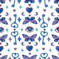 Seamless mystical pattern with watercolor elements isolated on white background: all-seeing eye, moths, keys, stars, moons.