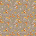 Seamless naive floral template. Cute flowers, leaves on brown background. Watercolor