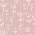 Seamless naive pattern with light pink pale background with check. Random flowers ornament