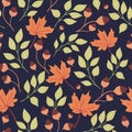 Seamless natural autumn pattern with colored leaves and acorns Royalty Free Stock Photo