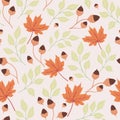 Seamless natural autumn pattern with colored leaves and acorns Royalty Free Stock Photo