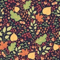 Seamless natural autumn pattern with colored leaves and fruits Royalty Free Stock Photo