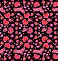 Seamless natural motley pattern with paisley ornament and bouquets of pink fantasy flowers isolated on black background.