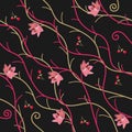 Seamless natural ornament with abstract branches, pink lily flowers and red buds on black background in vector. Print for fabric Royalty Free Stock Photo
