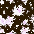 Seamless natural ornament on black background. Light silhouettes of flowers, leaves, bouquets. Romantic pattern