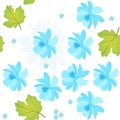 Seamless natural pattern with blue cosmos and forget me not flowers, viburnum leaves on white background. Spring vector design Royalty Free Stock Photo