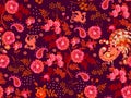 Seamless natural pattern with bouquets of vintage flowers, paisley and silhouettes of fabulous peacocks on dark purple background