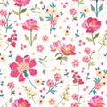 Seamless natural pattern with delicate embroidered satin stitch flowers with pink and yellow petals on a white background. Fabric