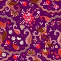 Seamless natural pattern in ethnic style. Magic birds, paisley and flowers isolated on dark lilac background