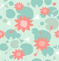 Seamless natural pattern with flowers, water lilies, lotus. Vector decorative background in pastel colors Royalty Free Stock Photo