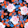 Seamless natural pattern with light pink rose flowers, blue and orange leaves and little branchs with tiny buds Royalty Free Stock Photo