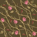 Seamless natural pattern with pink lilies, yellow autumn leaves , little red flowers and abstract branches Royalty Free Stock Photo