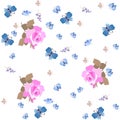 Seamless natural pattern with pink roses, lilac bell flower, little birds and blue butterflies isolated on white background. Print Royalty Free Stock Photo