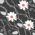 Seamless natural pattern with white daisy flowers, silver leaves and abstract branches on black background in vector. Royalty Free Stock Photo