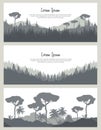Seamless nature backgrounds set. Vector banners with trees and mountains. Royalty Free Stock Photo