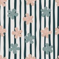 Seamless nature botanic pattern with blue and pink flowers random print. Striped background Royalty Free Stock Photo