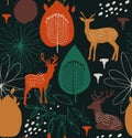 Seamless nature pattern with deers. Forest background. Vector texture.